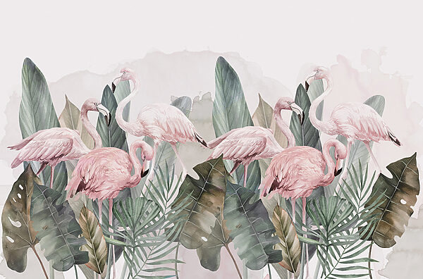 Eine Gruppe von rosa Flamingos und Blättern Eine Gruppe von rosa Flamingos und Blättern