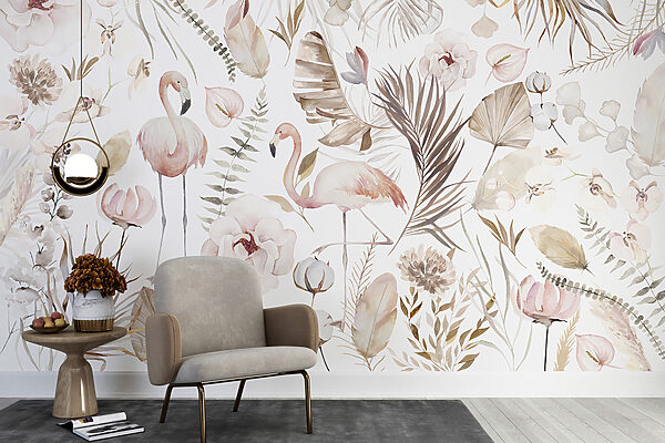 Ein Aquarell mit Flamingos und Blumen Ein Aquarell mit Flamingos und Blumen