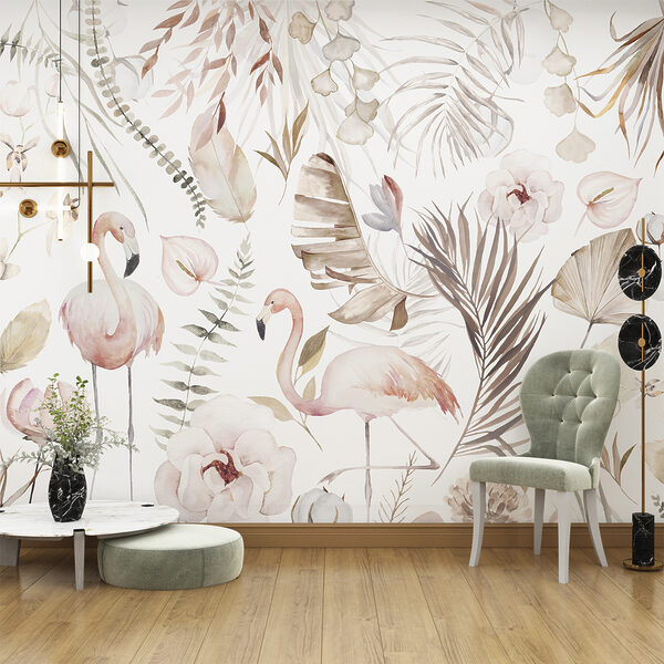 Ein Aquarell mit Flamingos und Blumen Ein Aquarell mit Flamingos und Blumen
