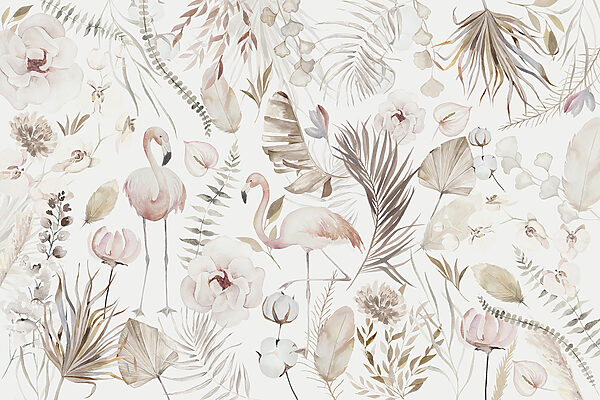 Ein Aquarell mit Flamingos und Blumen Ein Aquarell mit Flamingos und Blumen