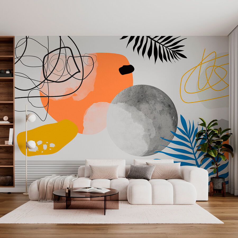 Eine bunte Kunst mit schwarzen und weißen Kreisen und Blättern