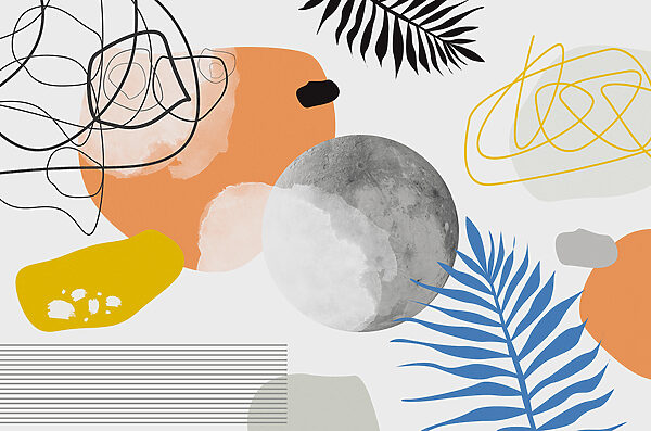 Eine bunte Kunst mit schwarzen und weißen Kreisen und Blättern Eine bunte Kunst mit schwarzen und weißen Kreisen und Blättern