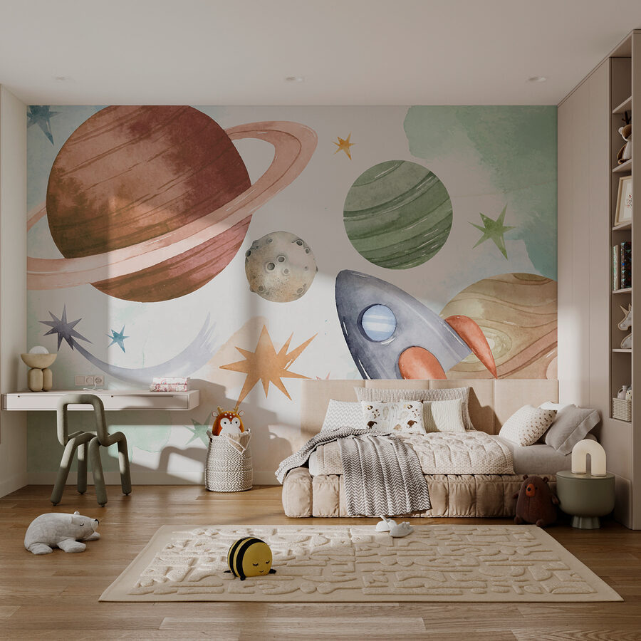 Ein Zimmer mit einer Wandmalerei aus Planeten und Sternen