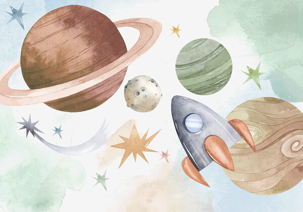 Eine Rakete und Planeten im Weltraum Eine Rakete und Planeten im Weltraum