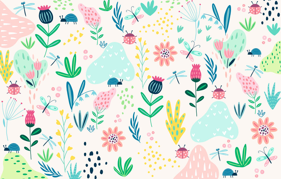 Ein Muster aus Blumen und Insekten