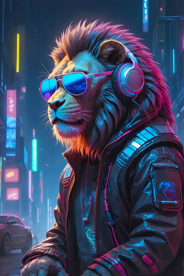 Ein Löwe mit Sonnenbrille und Kopfhörern s38169p 600x900 - Ein Löwe mit Sonnenbrille und Kopfhörern - tegory