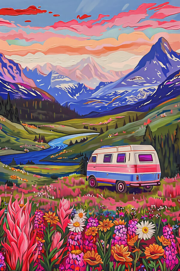 Ein Lieferwagen fährt durch ein Tal mit Blumen und Bergen Ein Lieferwagen fährt durch ein Tal mit Blumen und Bergen