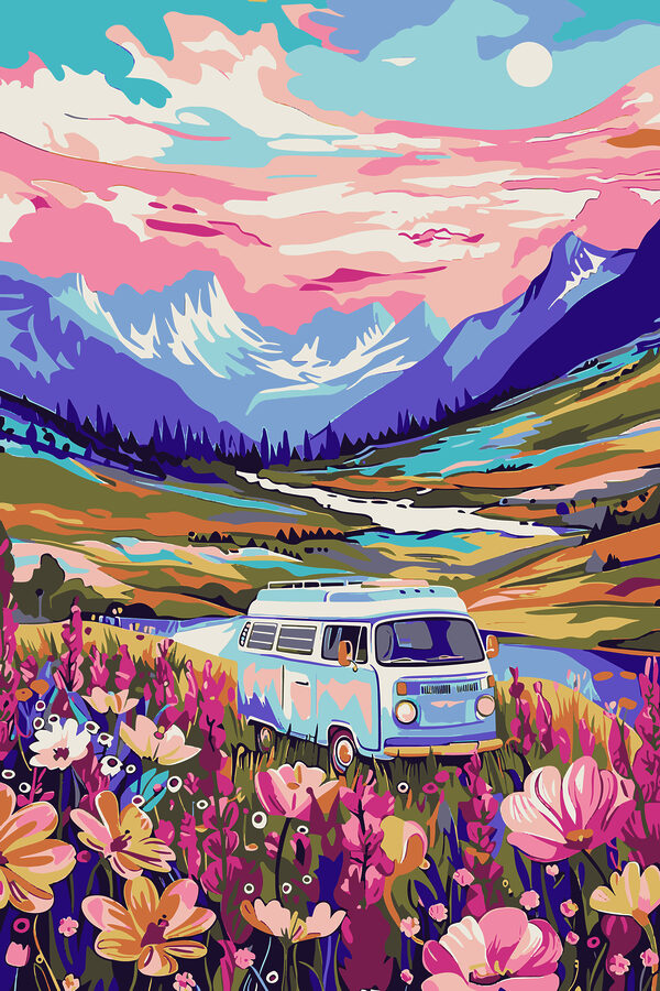 Ein Lieferwagen fährt durch ein Blumenfeld Ein Lieferwagen fährt durch ein Blumenfeld