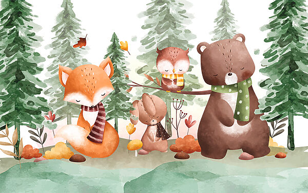 Eine Gruppe von Tieren in einem Wald Eine Gruppe von Tieren in einem Wald