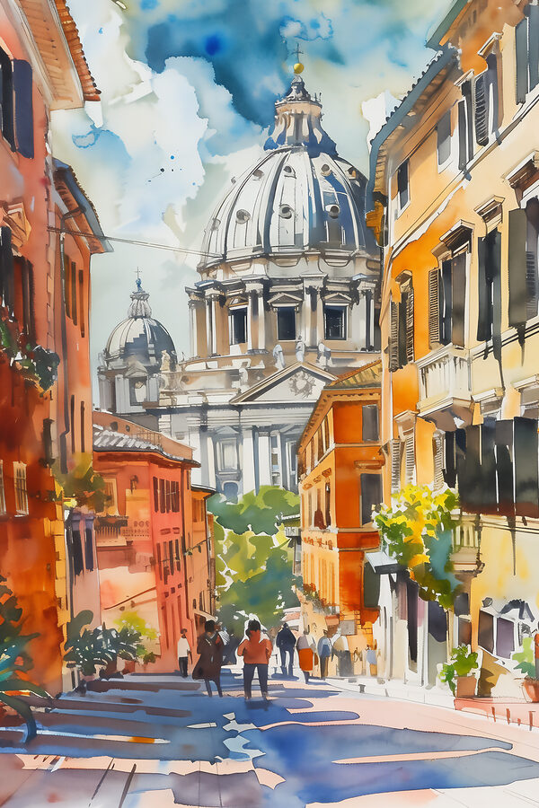 Ein Aquarell einer Straße mit Gebäuden und einer Kuppel Ein Aquarell einer Straße mit Gebäuden und einer Kuppel