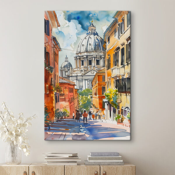 Ein Aquarell einer Straße mit Gebäuden und einer Kuppel Ein Aquarell einer Straße mit Gebäuden und einer Kuppel