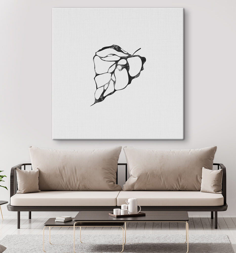 A black and white image of a leaf