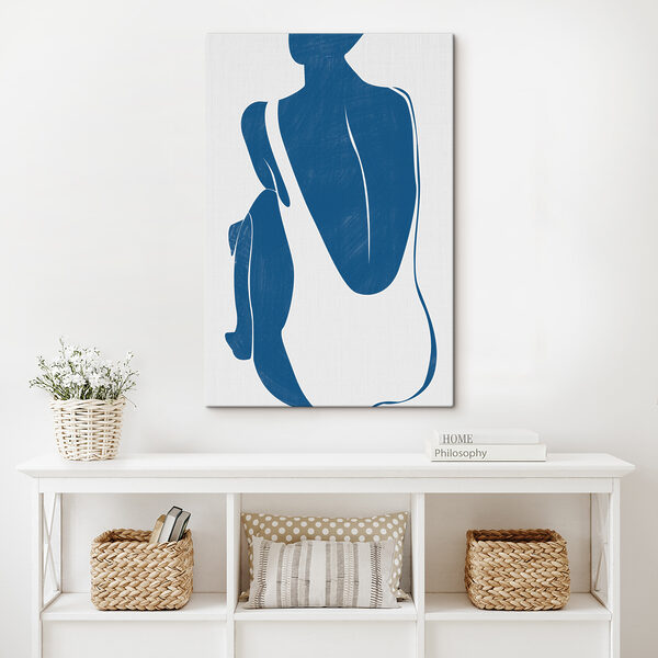 A blue and white silhouette of a woman and a penguin A blue and white silhouette of a woman and a penguin