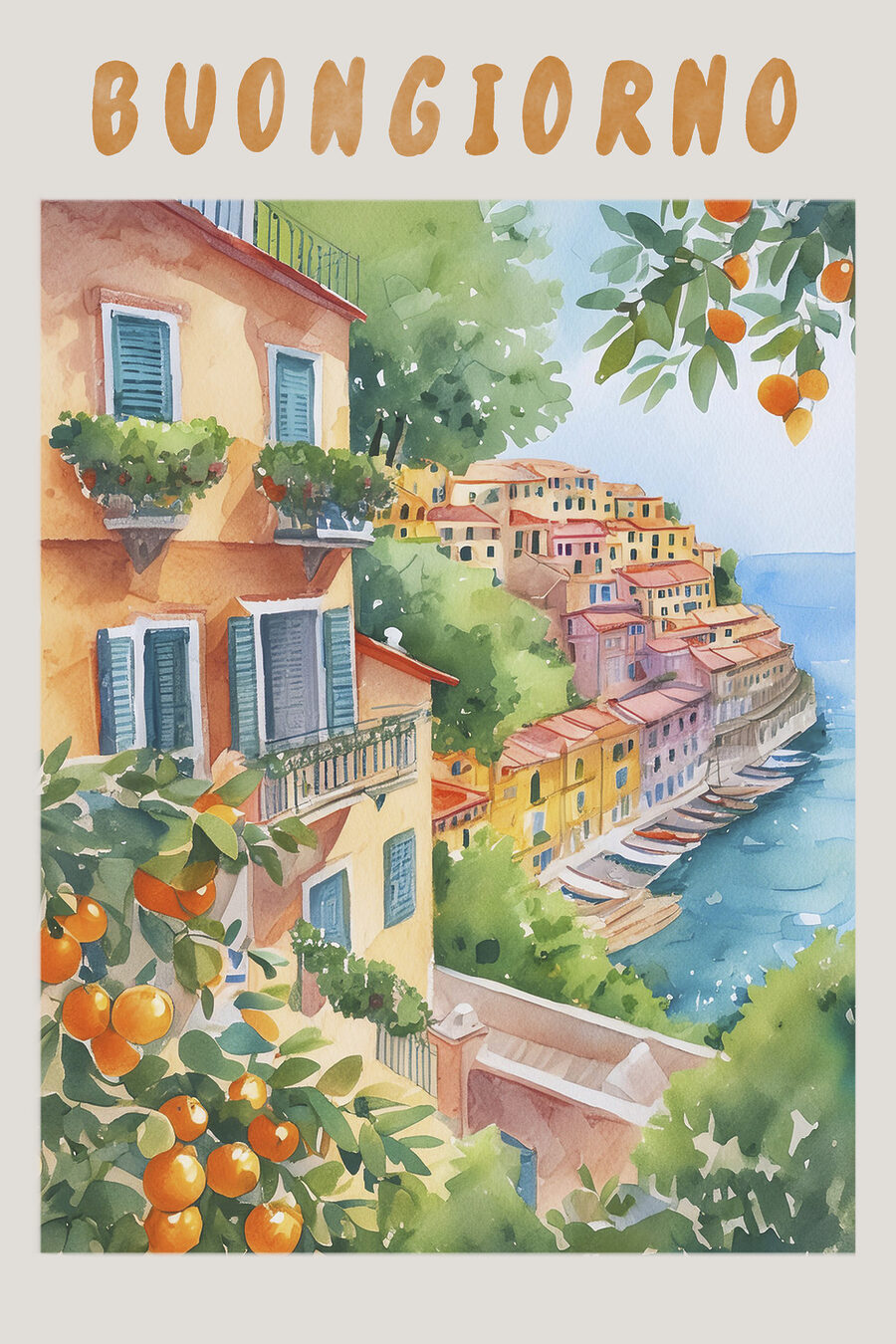 Aquarellbild einer Stadt am Wasser Aquarellbild einer Stadt am Wasser