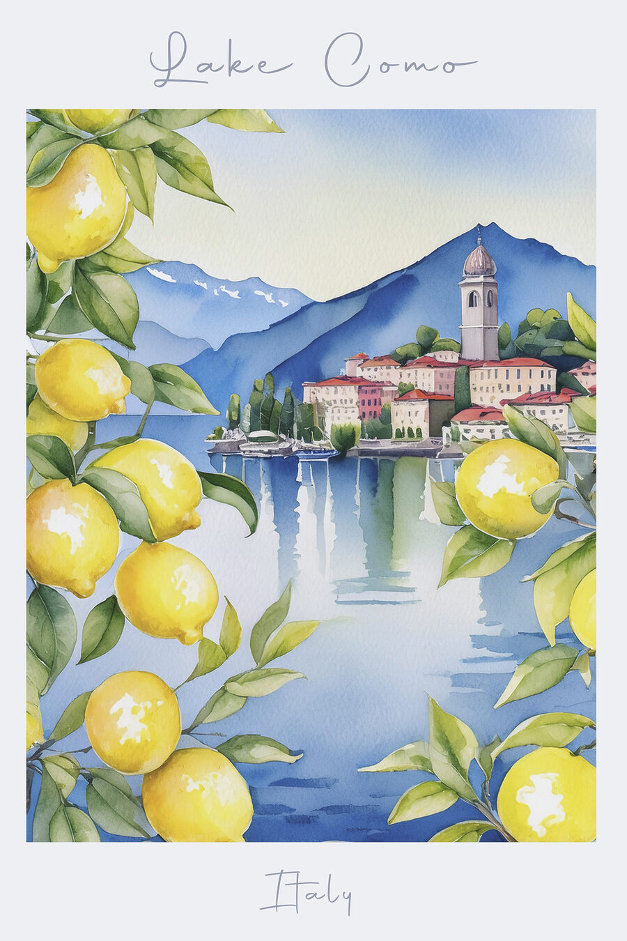 Aquarellmalerei einer Stadt und Berge mit gelben Zitronen