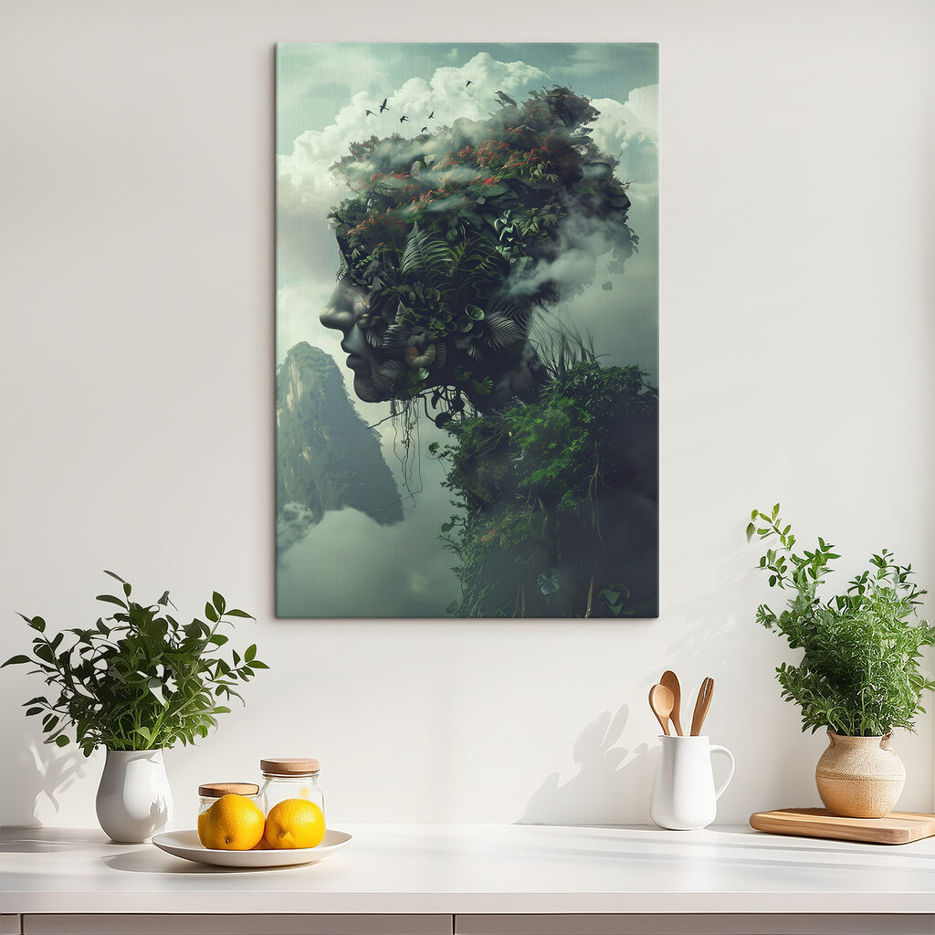 A face made of plants and clouds