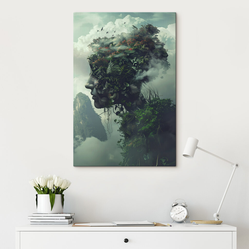 A face made of plants and clouds