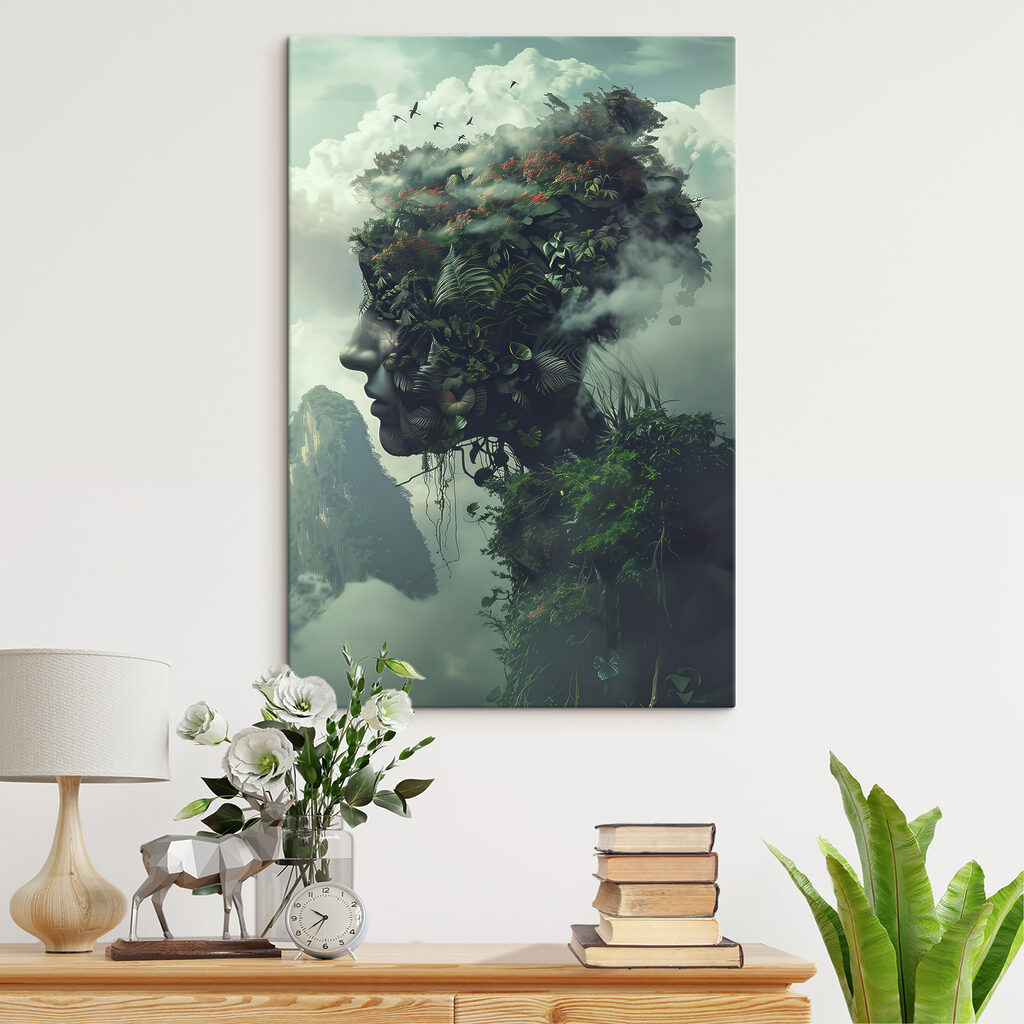 A face made of plants and clouds