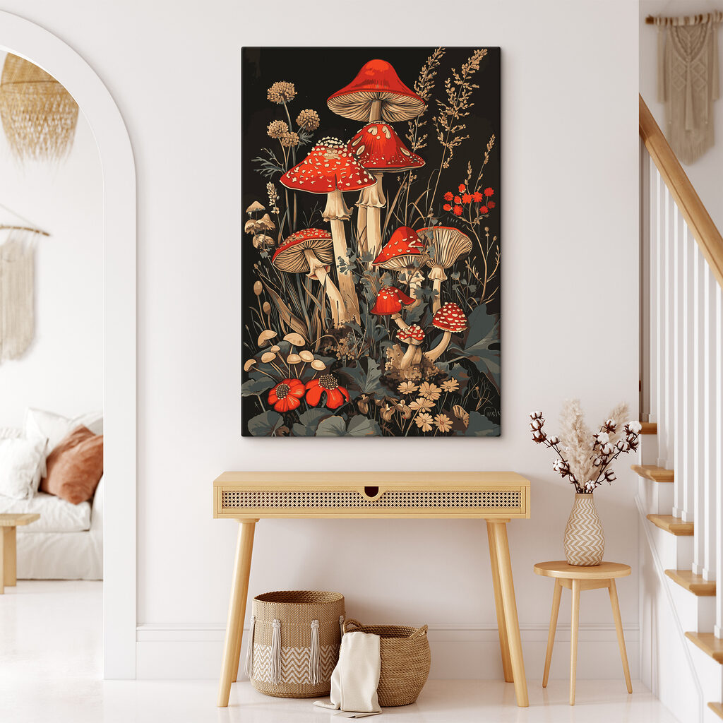 A painting of mushrooms and plants