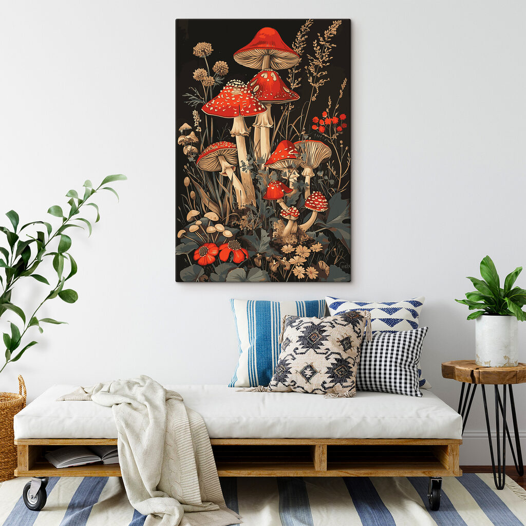 A painting of mushrooms and plants