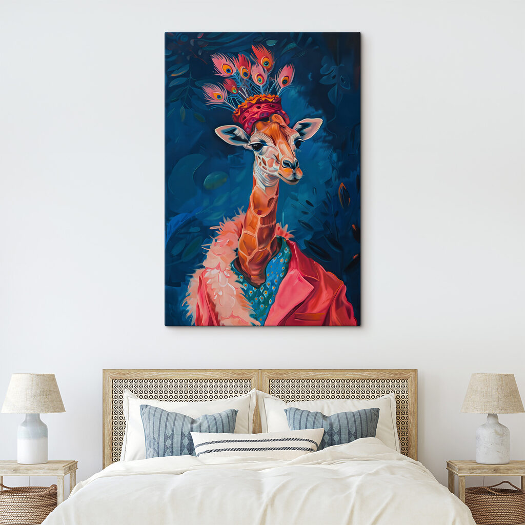 A giraffe wearing a hat