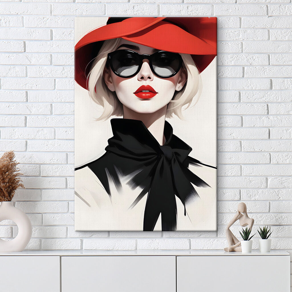 A woman wearing a red hat and sunglasses