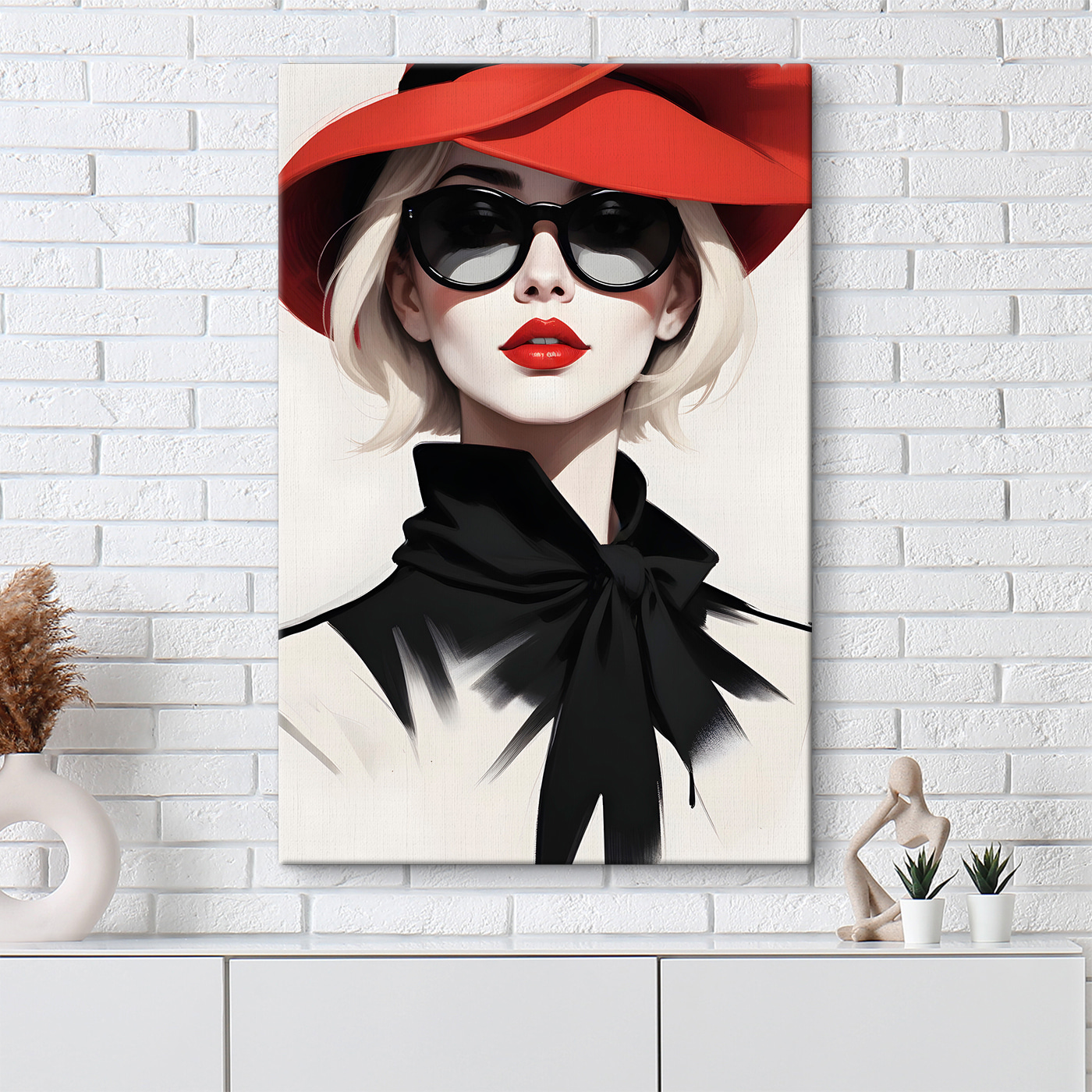 A woman wearing a red hat and sunglasses