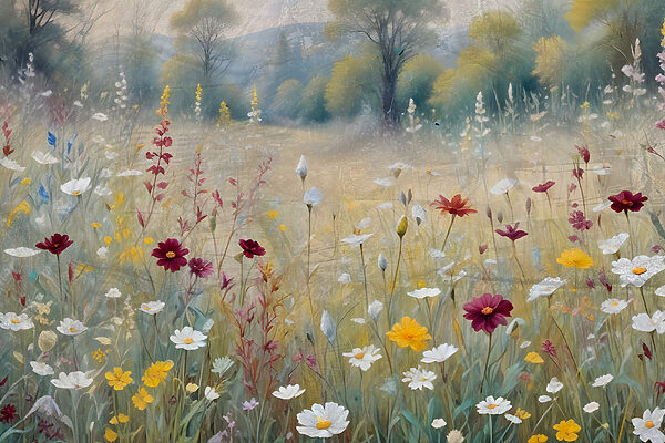 Ein Gemälde mit Blumen auf einem Feld Ein Gemälde mit Blumen auf einem Feld