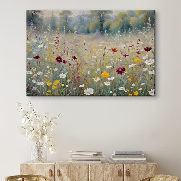 Ein Gemälde mit Blumen auf einem Feld Ein Gemälde mit Blumen auf einem Feld