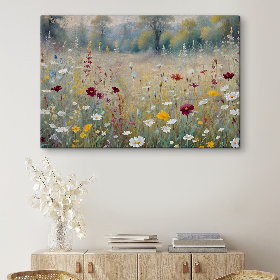 Ein Gemälde mit Blumen auf einem Feld
