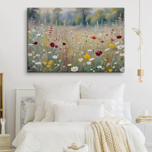 Ein Gemälde mit Blumen auf einem Feld Ein Gemälde mit Blumen auf einem Feld