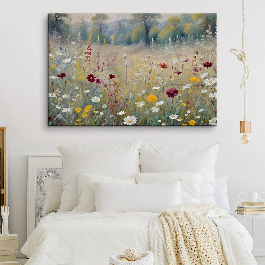 Ein Gemälde mit Blumen auf einem Feld