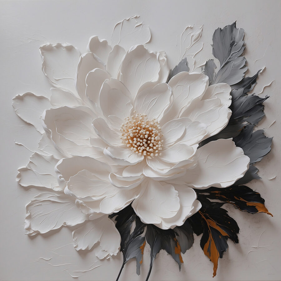 Eine weiße Blume mit schwarzen und grauen Blättern