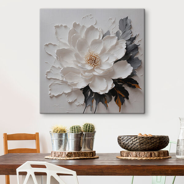 Eine weiße Blume mit schwarzen und grauen Blättern Wandbilder Eine weiße Blume mit schwarzen und grauen Blättern