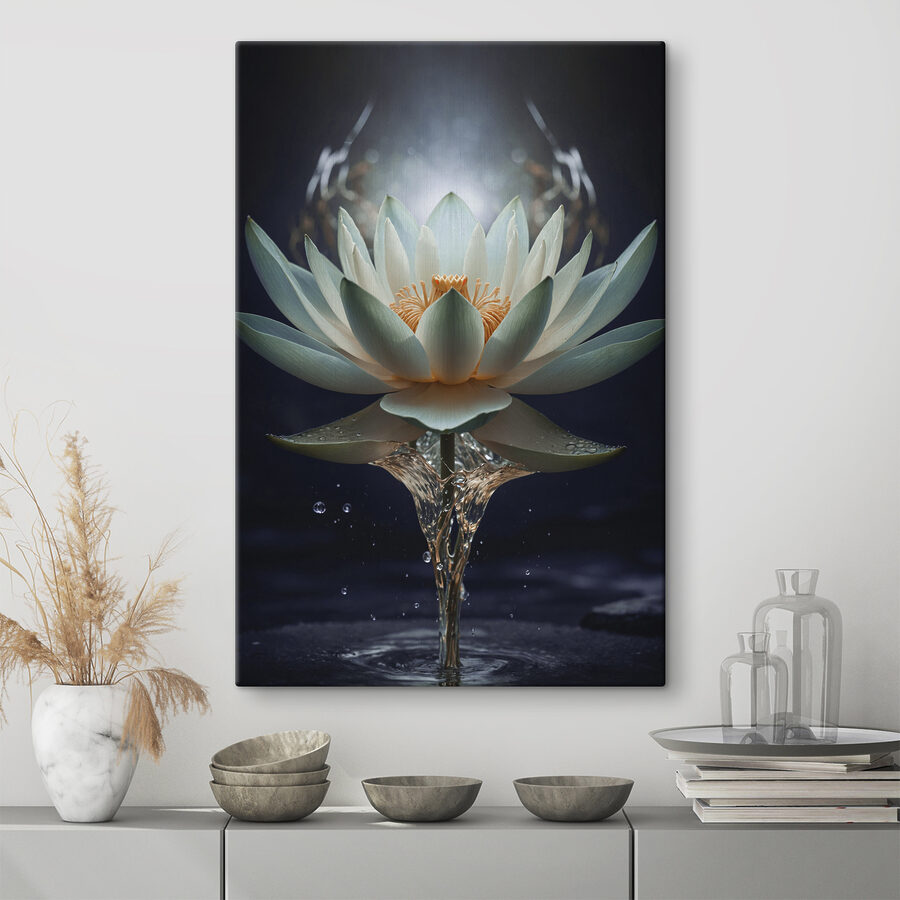 Eine weiße Blume mit gelber Mitte und herausspritzendem Wasser Eine weiße Blume mit gelber Mitte und herausspritzendem Wasser