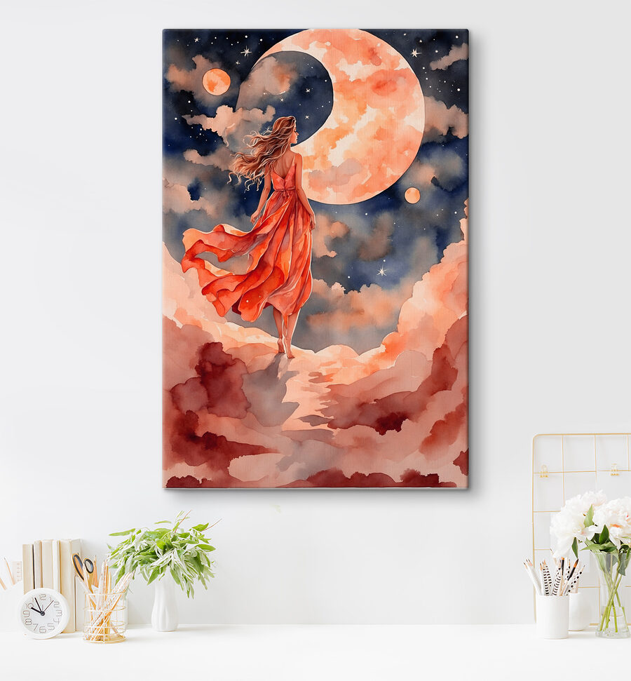 Eine Frau in einem Kleid, die auf einer Wolke geht