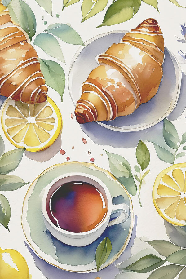 Aquarell eines Croissants und einer Tasse Tee Aquarell eines Croissants und einer Tasse Tee
