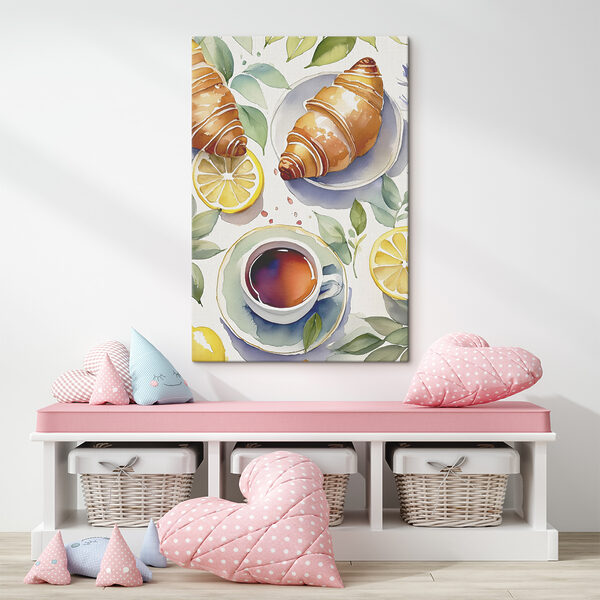 Aquarell eines Croissants und einer Tasse Tee Aquarell eines Croissants und einer Tasse Tee