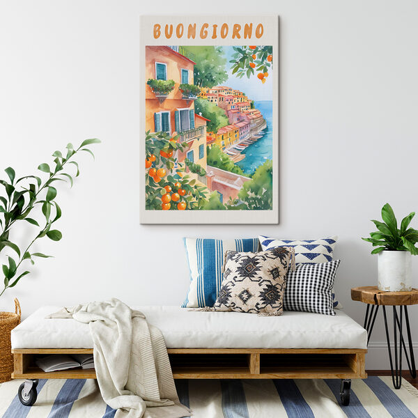 Aquarellbild einer Stadt am Wasser Aquarellbild einer Stadt am Wasser