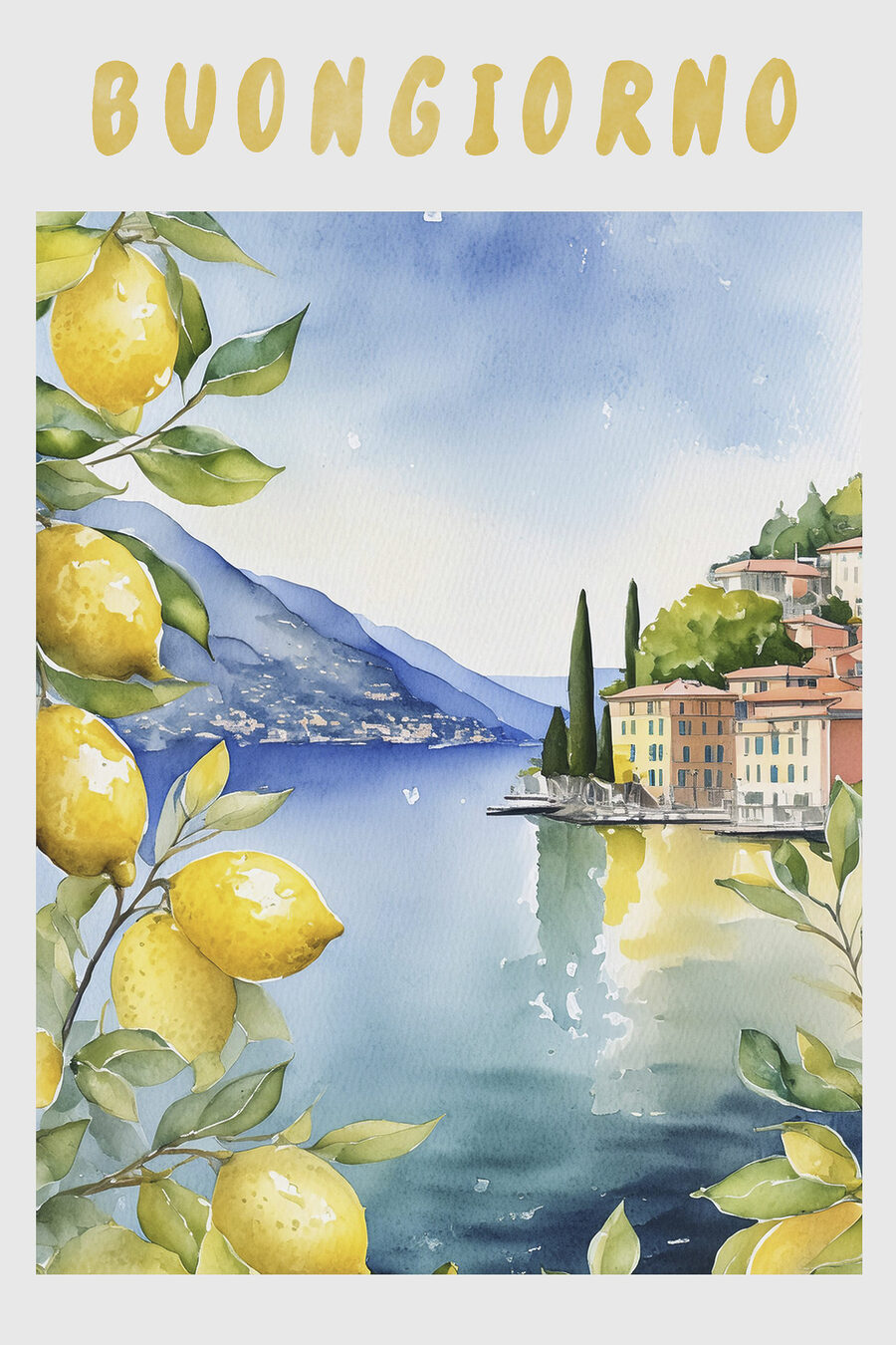 Aquarellmalerei einer Stadt und eines Gewässers