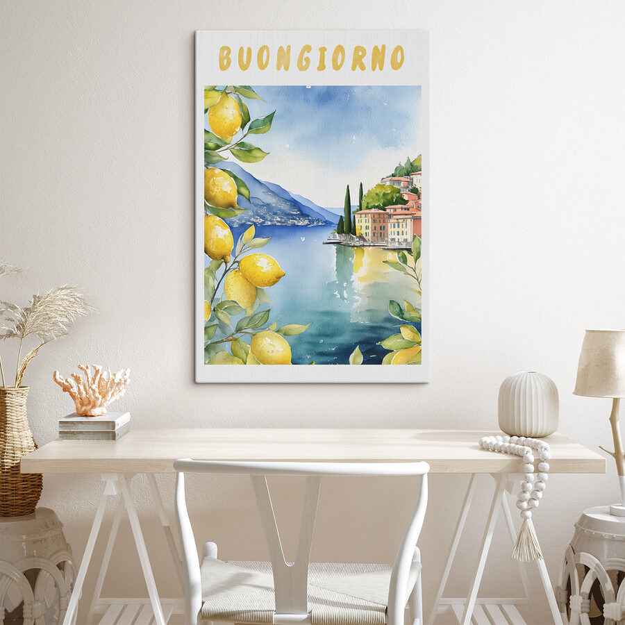 Aquarellmalerei einer Stadt und eines Gewässers