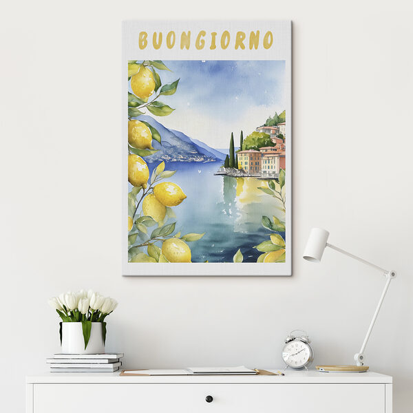 Aquarellmalerei einer Stadt und eines Gewässers Aquarellmalerei einer Stadt und eines Gewässers
