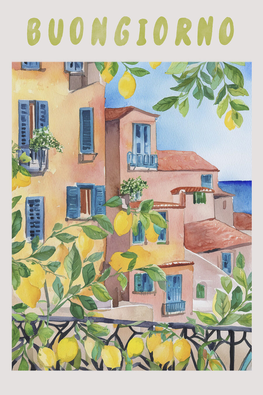 Wandbilder Aquarellmalerei von Gebäuden und Zitronen an einem sonnigen Tag – Bild 3