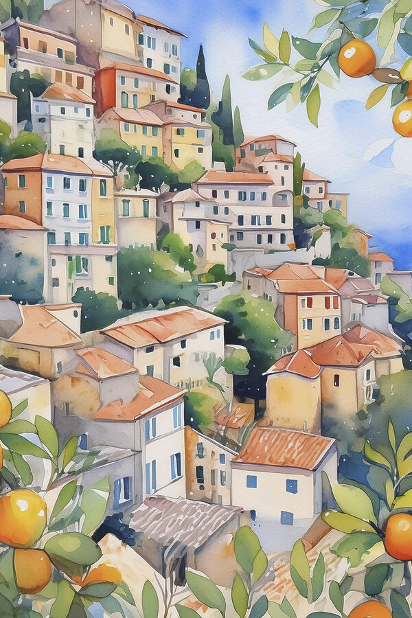 Aquarellmalerei einer Stadt mit Orangen Aquarellmalerei einer Stadt mit Orangen