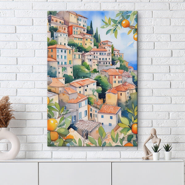 Aquarellmalerei einer Stadt mit Orangen Aquarellmalerei einer Stadt mit Orangen
