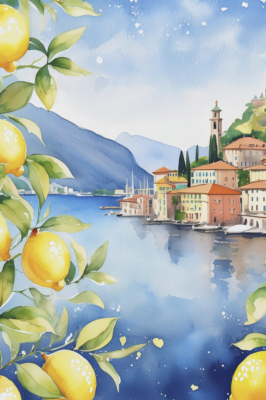 Aquarell einer Stadt an einem Gewässer