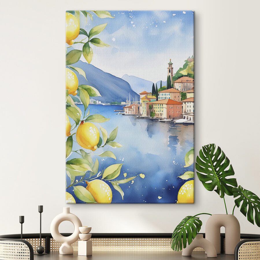 Aquarell einer Stadt an einem Gewässer