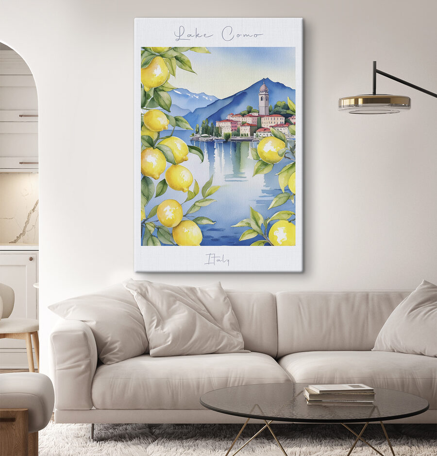 Aquarellmalerei einer Stadt und Berge mit gelben Zitronen