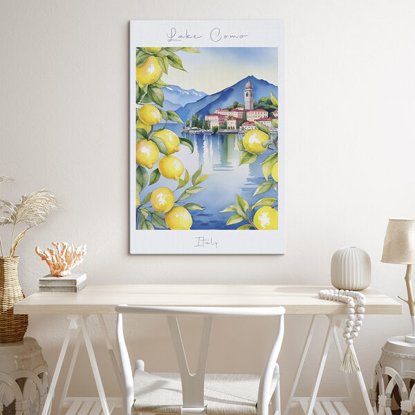 Aquarellmalerei einer Stadt und Berge mit gelben Zitronen Aquarellmalerei einer Stadt und Berge mit gelben Zitronen