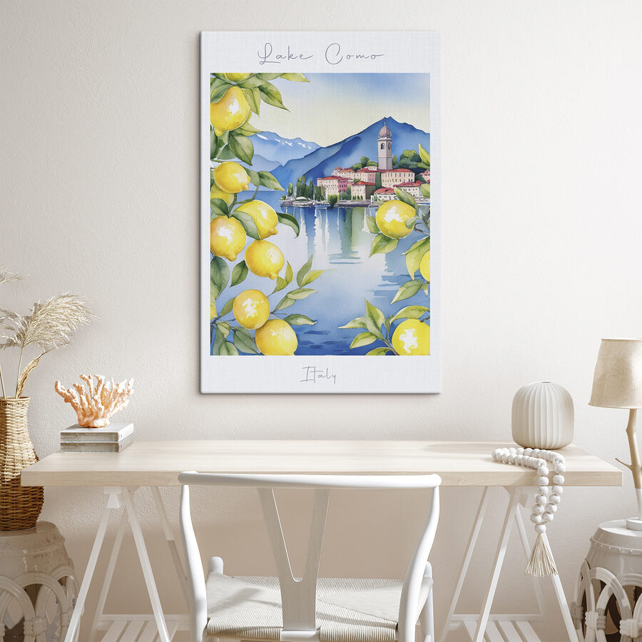 Aquarellmalerei einer Stadt und Berge mit gelben Zitronen